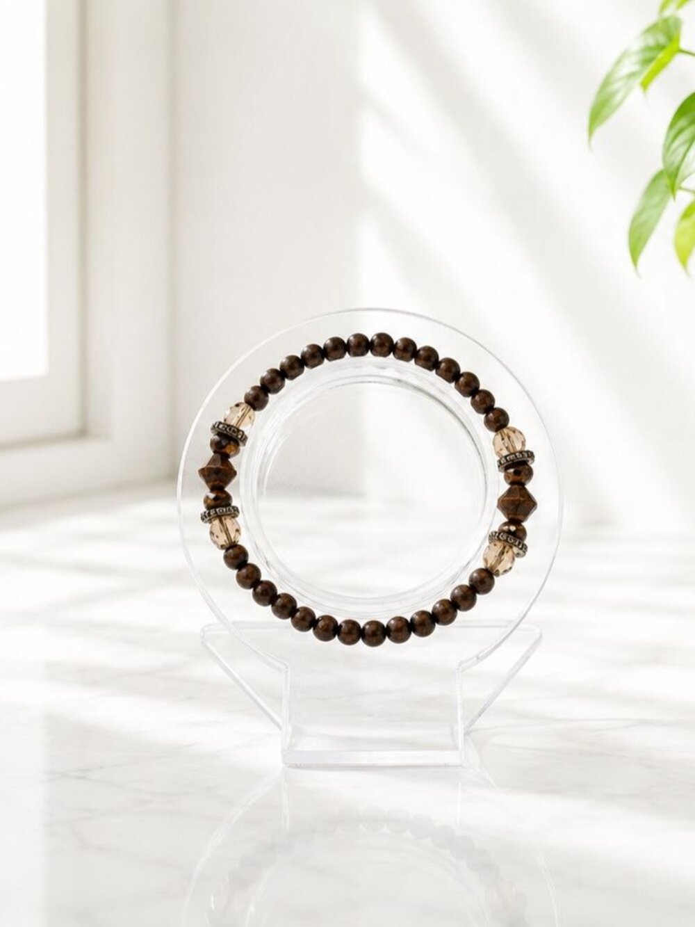 Handcrafted Wood & Crystal Beaded Stretch Bracelet With Bronze Accents - Antique